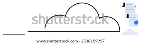 Black outlined cloud with documents on the right. One document is stamped with a blue security checkmark on top. Ideal for digital storage, cloud computing, document management, data security