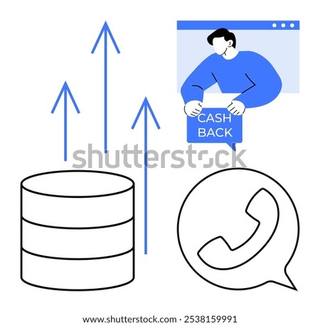 Database with upward arrows signifies business growth. Individual holding cash back sign, browser window, phone icon. Ideal for business growth, customer service, financial rewards, communication