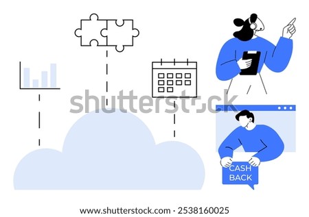 A cloud connected to bar charts, calendar, puzzles, a person with a tablet, and a person holding a cashback sign. Ideal for business solutions, teamwork, data management, scheduling, financial