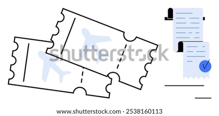 Two airline tickets with airplane icons alongside a receipt with a checkmark. Ideal for travel planning, ticket booking, flight verification, airline services, holiday preparation. Minimalist vector