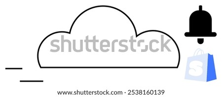 Simple cloud in center, small notification bell to the right, and shopping bag icon below. Ideal for technology, e-commerce, notifications, online services, and cloud storage. Modern vector style