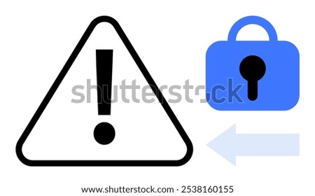 Black exclamation mark inside a triangle accompanied by a blue padlock and light blue left arrow. Ideal for security alerts privacy protection data safety access control and cautionary notices