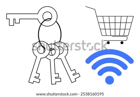 Keys on a ring, a shopping cart, and a wireless signal icon symbolize cybersecurity and online shopping. Ideal for technology, security, connectivity, e-commerce, and internet-related themes. Simple