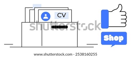 CV folder with user profiles and a thumbs up symbol next to a word bubble with shop text. Ideal for job applications, online shopping, user profile management, social media engagement, and e-commerce