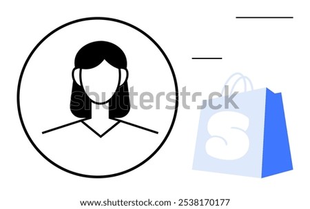 Minimalist style shows a female avatar in a circle alongside a blue shopping bag with an S logo. Ideal for online shopping, e-commerce, user profile, digital marketing, and social media themes