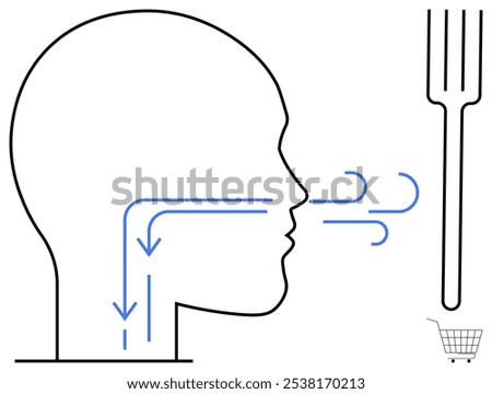 Simplified outline of a human head with arrows showing airflow and digestion pathways. To the right, a fork and a shopping cart are visible. Ideal for medical education, respiratory system, digestive