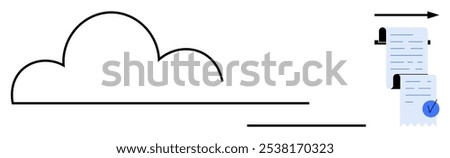 Cloud shape with two lines suggests digital storage. Right side shows documents moving right with arrow, symbolizing file transfer. Blue checkmark indicates verification. Ideal for tech, cloud