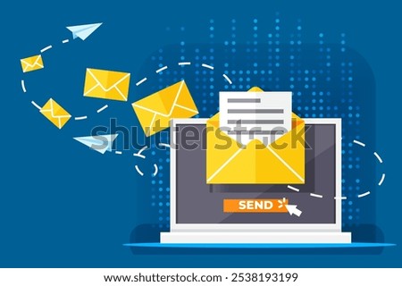 Running email campaign, e-mail advertising, direct digital marketing. Concept with letter in envelope flying from computer screen. Internet advertisement, online promotion. Sign up to mailing list