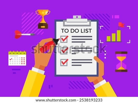 Hands holding a checklist clipboard with three checked tasks. Includes trophy, dart, calendar, bar graph, and hourglass. Ideal for productivity, task management, goal setting, time management, and