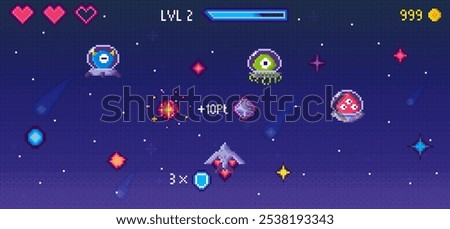 Pixel art style image shows a spaceship surrounded by three alien creatures. Points and power-ups are visible. Used for gaming, pixel art, space adventures, scoring, and retro themes