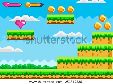 Retro pixel art scene shows a platform game level with floating grass tiles, heart icon, and gold coins against a bright blue sky. Ideal for nostalgic gamers, video game themes, game design, retro