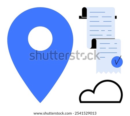 Large blue location pin, two paper receipts with check marks, and a simple black cloud symbol. Ideal for business management, location services, cloud computing, digital transactions, and retail