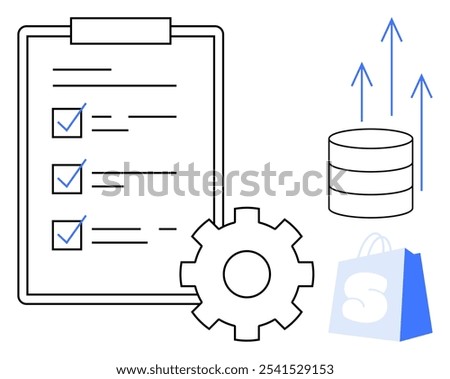 Modern style illustration of a checklist on a clipboard, a gear, a database, rising arrows, and a shopping bag. Ideal for productivity, business processes, data management, online shopping