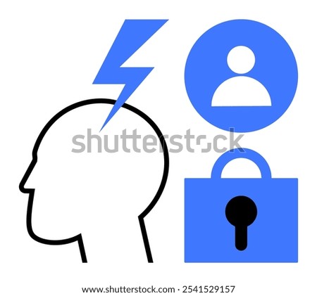 Silhouette of a head with a lightning bolt, user icon, and padlock symbol. Ideal for security, privacy, mental health, identity, technology. Modern minimalist style