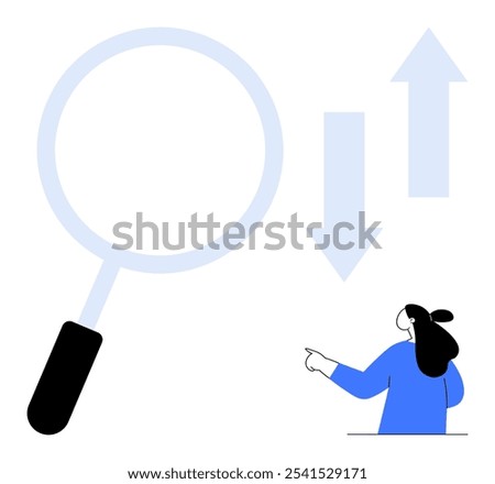 Large magnifying glass with two arrows, one pointing up and one down, and a person pointing upwards. Ideal for business analysis, research, progress, decision making, and data trends. Minimalist