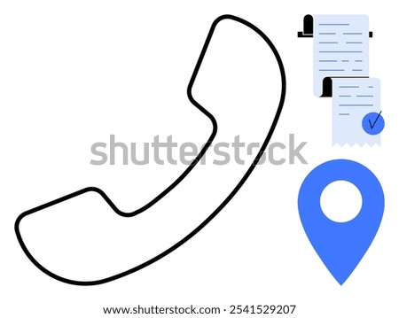 Large black outlined telephone receiver, blue location marker with white center, two blue receipts with check mark. Ideal for communication, navigation, task management, customer service