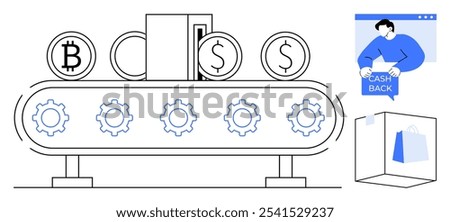 Conveyor belt with Bitcoin and Dollar coins, gears for processing. A person holding a cashback offer in a browser window. Ideal for e-commerce, financial technology, cryptocurrency, online shopping