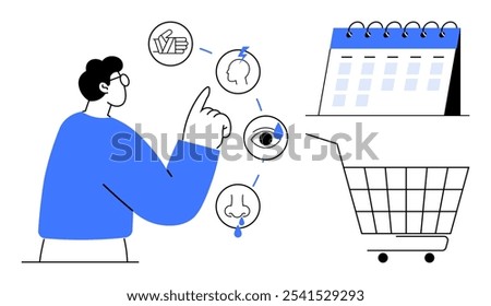 Person pointing to icons of senses like touch, taste, sight, smell, and hearing, alongside a calendar and a shopping cart. Ideal for sensory marketing, e-commerce planning, accessibility, time