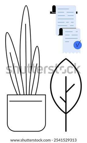 A minimalist drawing features a potted plant and a large leaf. Nearby, two document receipts, one marked with a blue check. Ideal for nature, organization, minimalism, office settings, eco-conscious