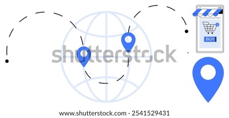 A globe with location markers connected by dashed lines and a mobile shopping cart button. Ideal for global business, e-commerce, internet shopping, geolocation, digital marketing, and logistics