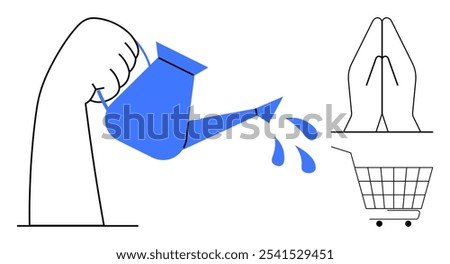 Simple vector art of hands watering, praying hands, and a shopping cart. Ideal for gardening projects, spiritual content, consumerism themes, minimalistic designs, and e-commerce. Black, blue, white