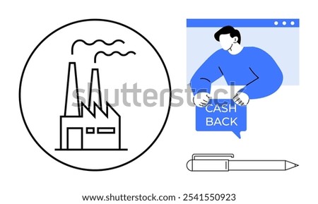 Factory with smoke stacks, person holding cash back sign on web browser, and pen. Ideal for concepts of environmental impact, online business, cashback programs, industrialization, tech use. Simple