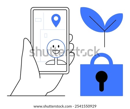 Hand holding a smartphone with location pin. Also shows a happy face on the phone screen, a leaf symbol and a padlock. Ideal for technology, navigation, security, environment, user experience