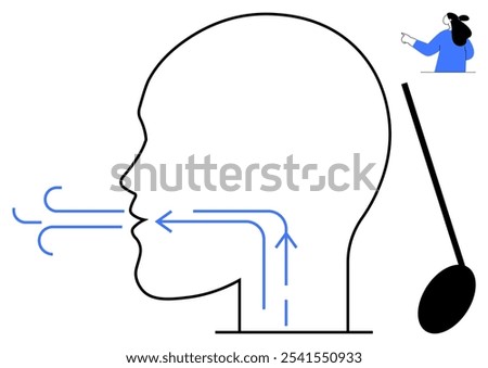 Diagram of a human head showcasing the breathing process with arrows indicating airflow. A doctor is visible in the top-right corner. Ideal for respiratory system, medical education, anatomy, health