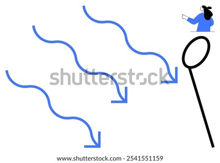 Blue curved arrows pointing downward lead to a circled target with a woman in the top right corner pointing towards the arrows. Ideal for directions, guidance, movement, goals, and navigation themes