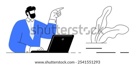 A bearded man in a blue suit sits at a desk working on a laptop pointing to the right. Beside him is a plant. Ideal for business, office settings, remote work, professional guidance, workplace