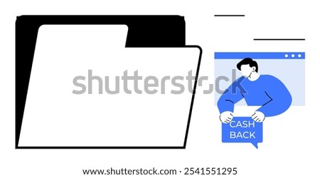 Large folder icon with a person in blue holding a Cashback sign representing online shopping rewards. Text and shapes in minimalistic style. Ideal for e-commerce, promotions, finance, savings