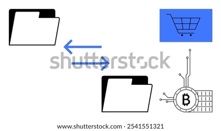 Two black folders with double blue arrows between them, a blue shopping cart icon at the top right, and a Bitcoin symbol integrated with a network grid. Ideal for e-commerce, cryptocurrency, data