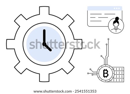 Clock inside a gear, digital profile in browser window, and Bitcoin symbol with circuit design. Ideal for time management, cryptocurrency, digital identity, blockchain technology, fintech solutions