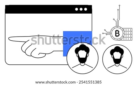 Hand with blue sleeve pointing left from a browser window. Nearby are a Bitcoin symbol with circuitry and two circled profile icons of bearded men. Ideal for finance, technology, cryptocurrency