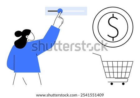 Person adjusting a slider next to a dollar sign and a shopping cart. Ideal for e-commerce, online shopping, financial management, budgeting, digital transactions. Simple minimalist style