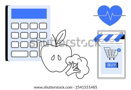 Apple and broccoli represent healthy eating alongside a calculator. Mobile shopping app with a heart symbolizes online purchases for health benefits Ideal for health planning nutrition e-commerce