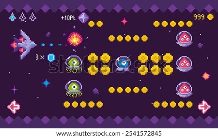 Spaceship attacking aliens in pixel art arcade game. Various enemies surrounded by yellow orbs. Spaceship firing lasers. Ideal for gaming, retro themes, entertainment, nostalgia, sci-fi