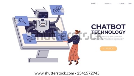 A robot with multiple arms extends from a computer screen, each arm holding a symbol representing technology queries and settings, while a person interacts with it. Ideal for technology, innovation