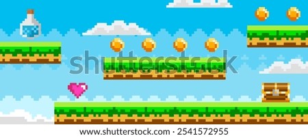 Retro pixel art showing a platformer game level with floating platforms hearts coins clouds and a treasure chest against a blue sky. Ideal for game design nostalgia retro gaming arcade games and