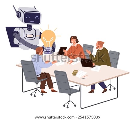 Large robot with lightbulb, suggesting ideas to office workers at a table. All discussing various ideas with tablets and laptops. Ideal for teamwork, innovation, technology integration, idea sharing