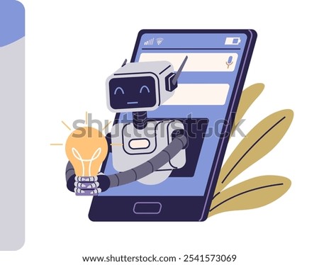 Robot with a lightbulb in hands coming out of a smartphone, next to a contact us form. Ideal for customer service, AI technology, online support, innovation, and communication themes. Modern vector