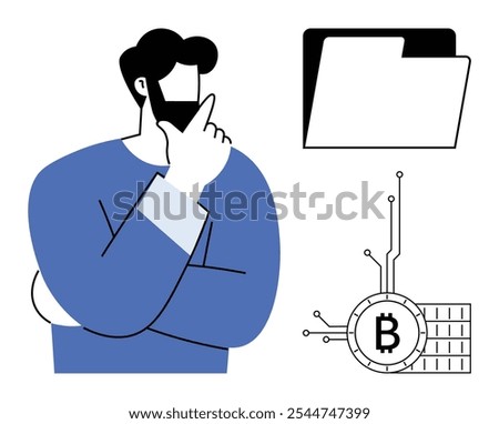 Thoughtful person with hand on chin stands next to a file folder and a digital Bitcoin icon. Ideal for cryptocurrency, blockchain technology, digital finance, financial innovation, digital files