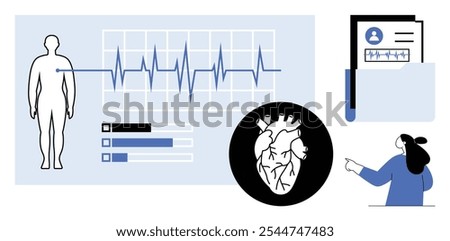 Medical scene showing human outline with heartbeat graph, heart diagram, file with patient information, and a person pointing. Ideal for healthcare, cardiology, patient records, medical education