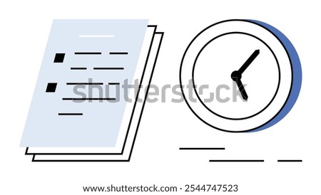 A stack of documents next to a simplistic clock. Ideal for time management productivity business scheduling office work efficiency. Minimalist clean vector style