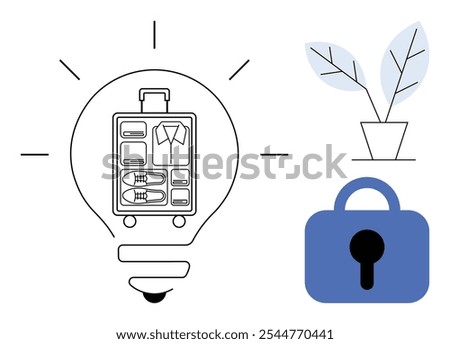 Light bulb with an open suitcase inside, emphasizing packing and organization. Blue padlock and potted plant add layers of security and simplicity. Ideal for travel tips, security, minimalism