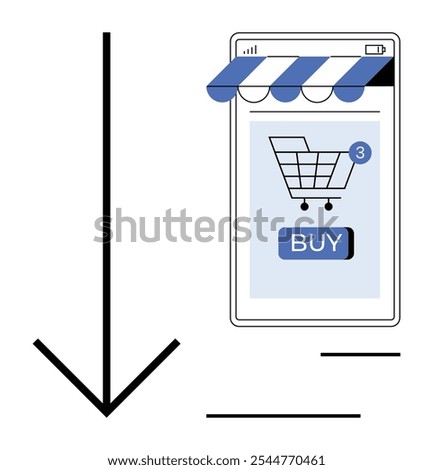 A mobile device screen with a striped blue and white awning, showing a shopping cart with notifications and a BUY button. An arrow symbol pointing down is placed beside it. Ideal for e-commerce