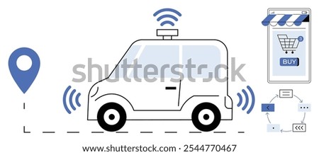 Autonomous car with GPS, wireless signals, online shopping on smartphone, route indicator. Ideal for technology, transportation, e-commerce, automation, smart devices. Minimalistic vector art style