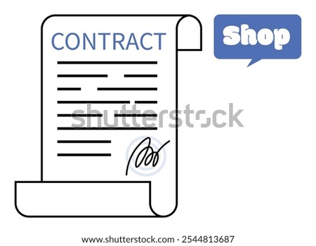 Contract document scroll with black text and signature at the bottom. Blue Shop notification bubble on the top right. Ideal for e-commerce, legal services, digital agreements, contracts, online