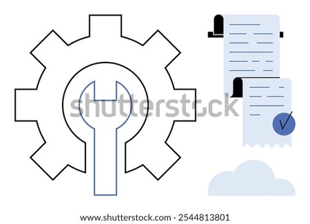 A gear with a wrench symbol inside and documents with a checkmark next to a cloud. Ideal for technical support, process management, maintenance, documentation, and cloud services. Minimalist style