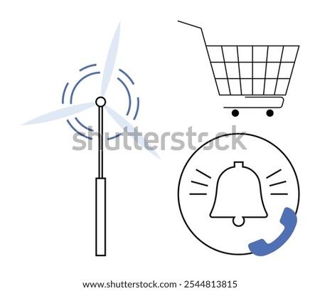 Wind turbine symbol, shopping cart, and notification bell with a phone icon. Ideal for renewable energy, shopping, communication alerts, e-commerce, sustainability. Simple line drawing style